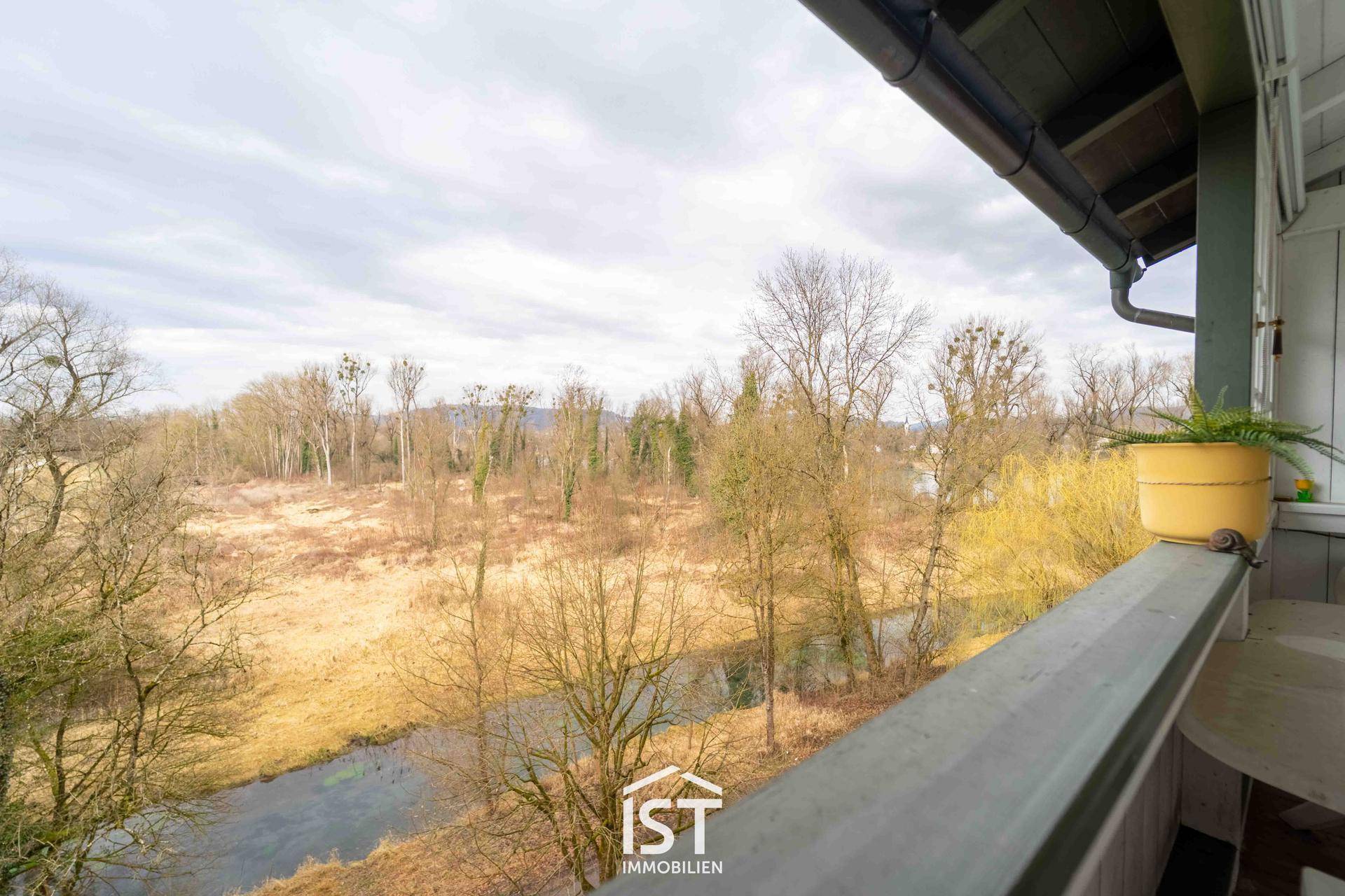 Weitläufiger Blick vom Balkon auf eine Flusslandschaft und bewaldete Ufer.