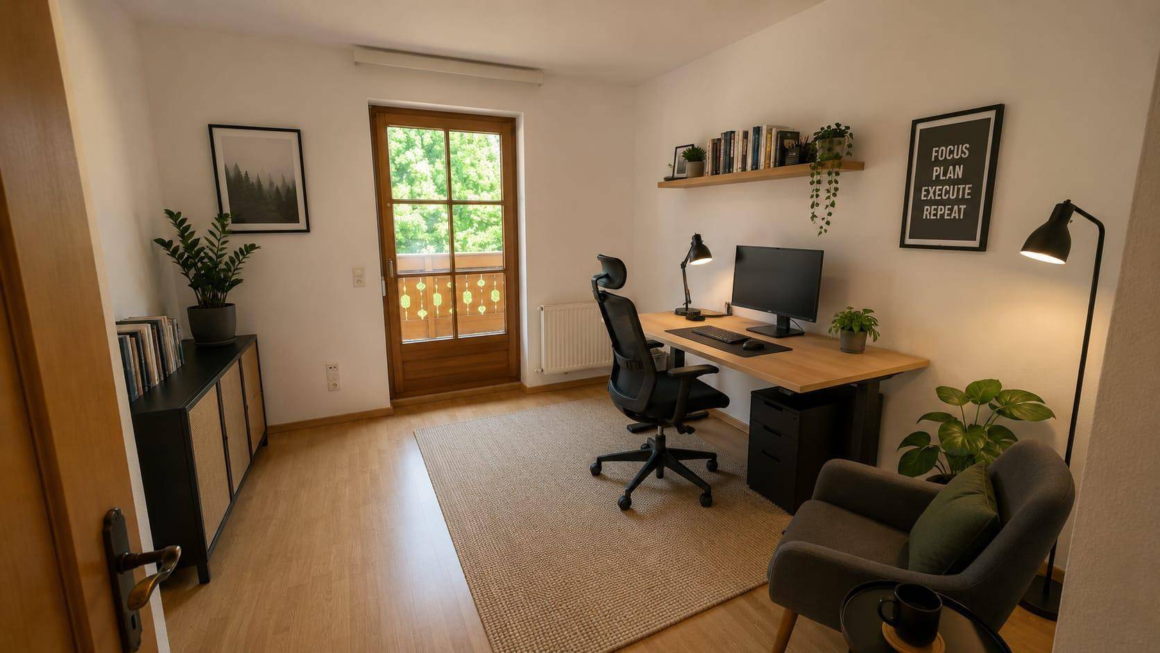 Helles Arbeitszimmer mit Schreibtisch, Bürostuhl und Zugang zu einem Balkon.