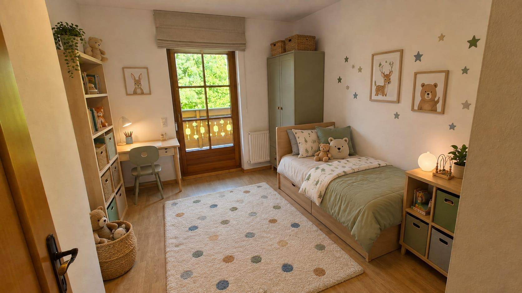 Gemütliches Kinderzimmer mit Einzelbett, Schreibtisch und Zugang zum Balkon.
