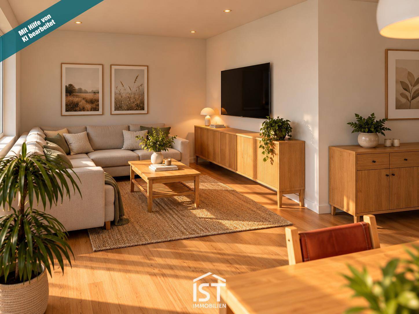 Gemütlicher Wohnbereich mit beigem Sofa, Holzelementen und Blick auf den Essbereich.