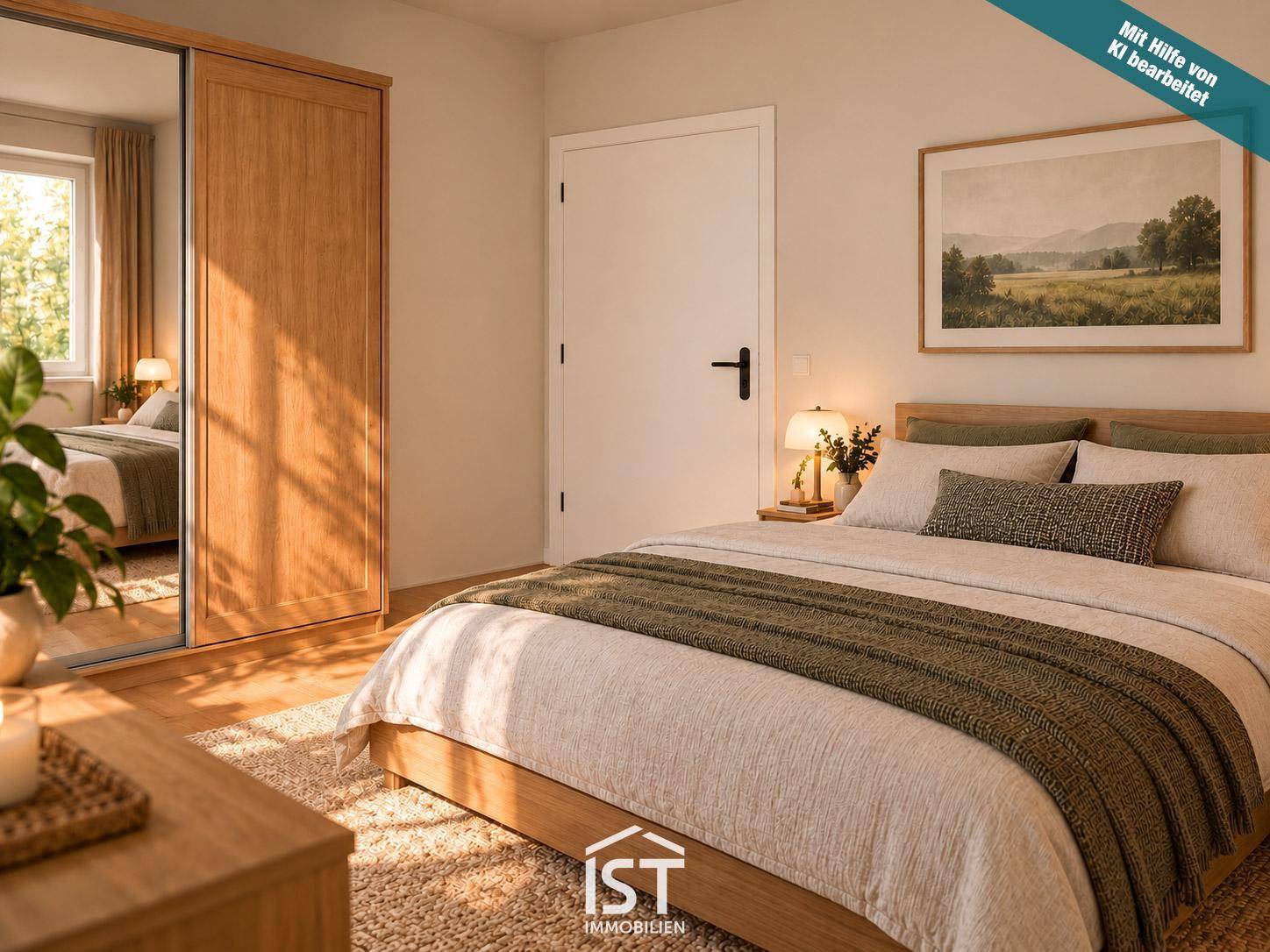 Helles Schlafzimmer mit Holzbett, Schiebetürenschrank und Blick ins Grüne.