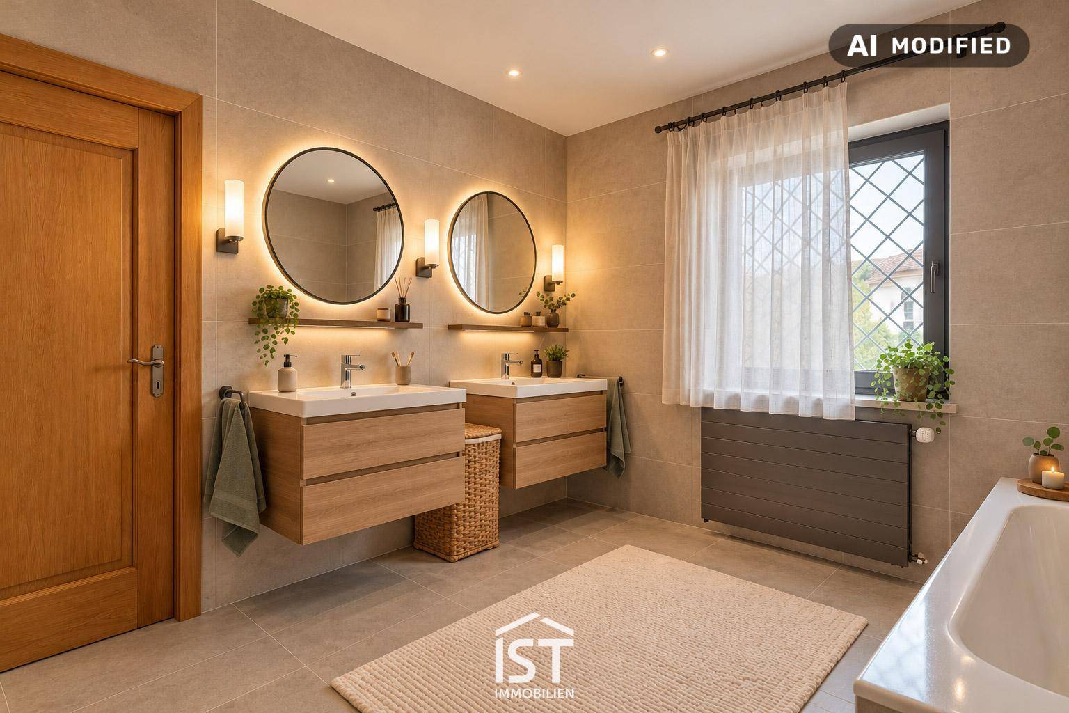 Modernisiertes Badezimmer mit Doppelwaschbecken, runden Spiegeln und großen Fliesen.