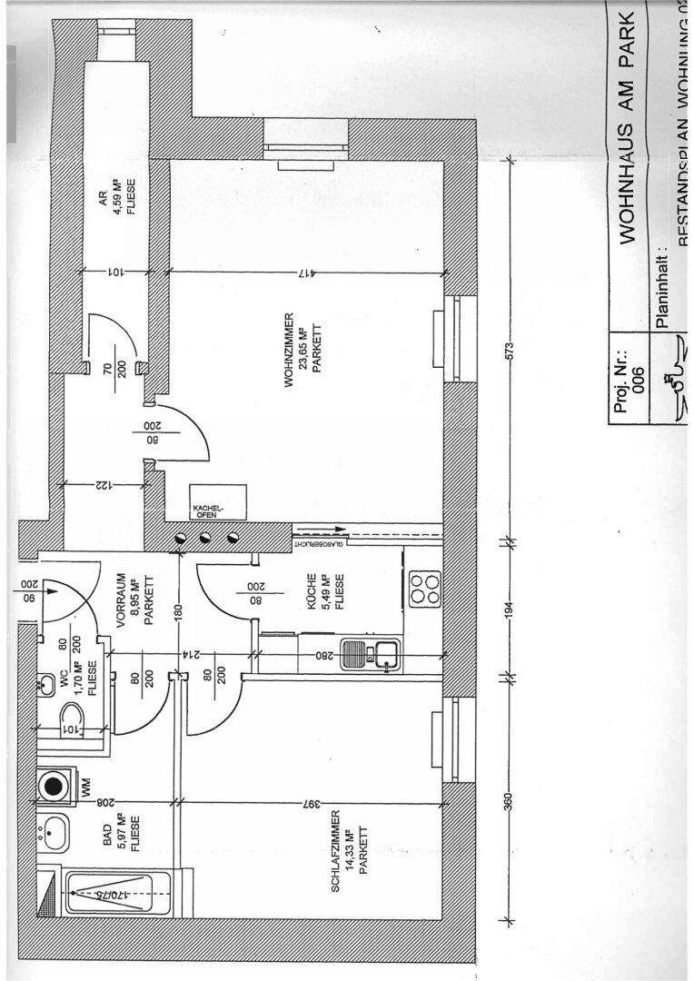 Grundriss der Wohnung mit Wohnzimmer, Schlafzimmer, Küche und Bad, inklusive Flächenangaben.