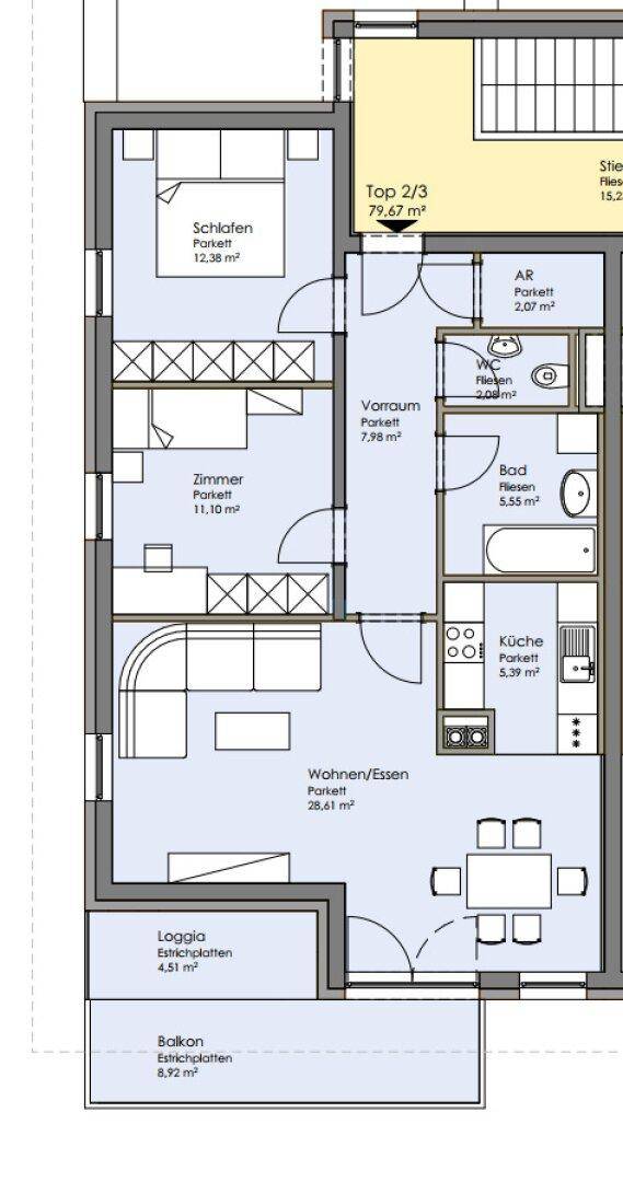 Detaillierter Grundriss einer Wohnung mit offenem Wohn-/Essbereich, Loggia und Balkon.