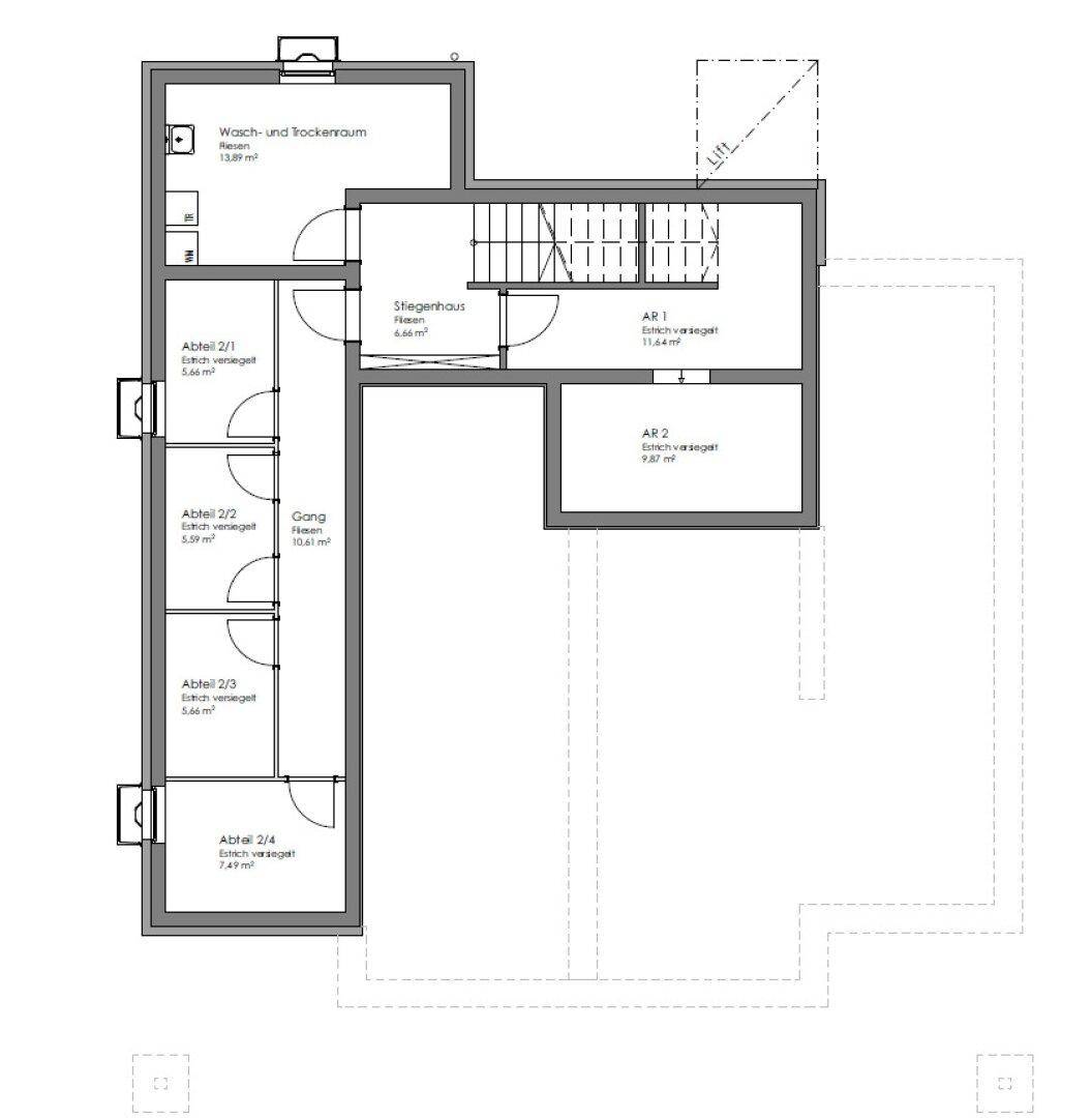 Grundriss des Kellergeschosses mit Abstellräumen, Waschraum und Aufzug.
