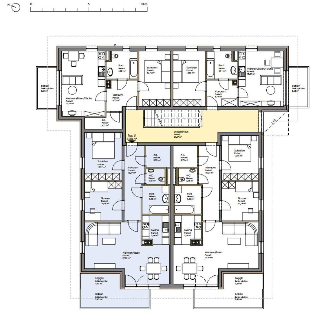 Gesamtgrundriss einer Etage mit mehreren Wohneinheiten, Balkonen und Loggien.