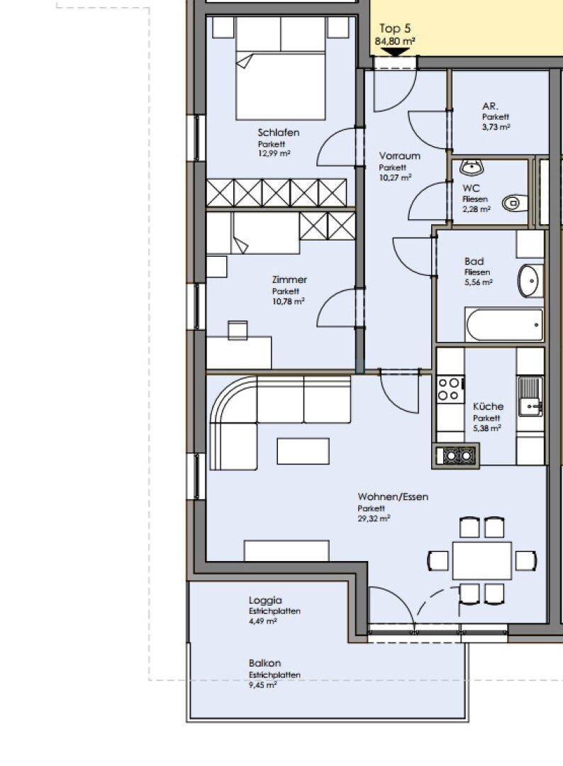 Detaillierter Grundriss einer Wohnung mit Schlafzimmern, Wohn-/Essbereich, Loggia und Balkon.