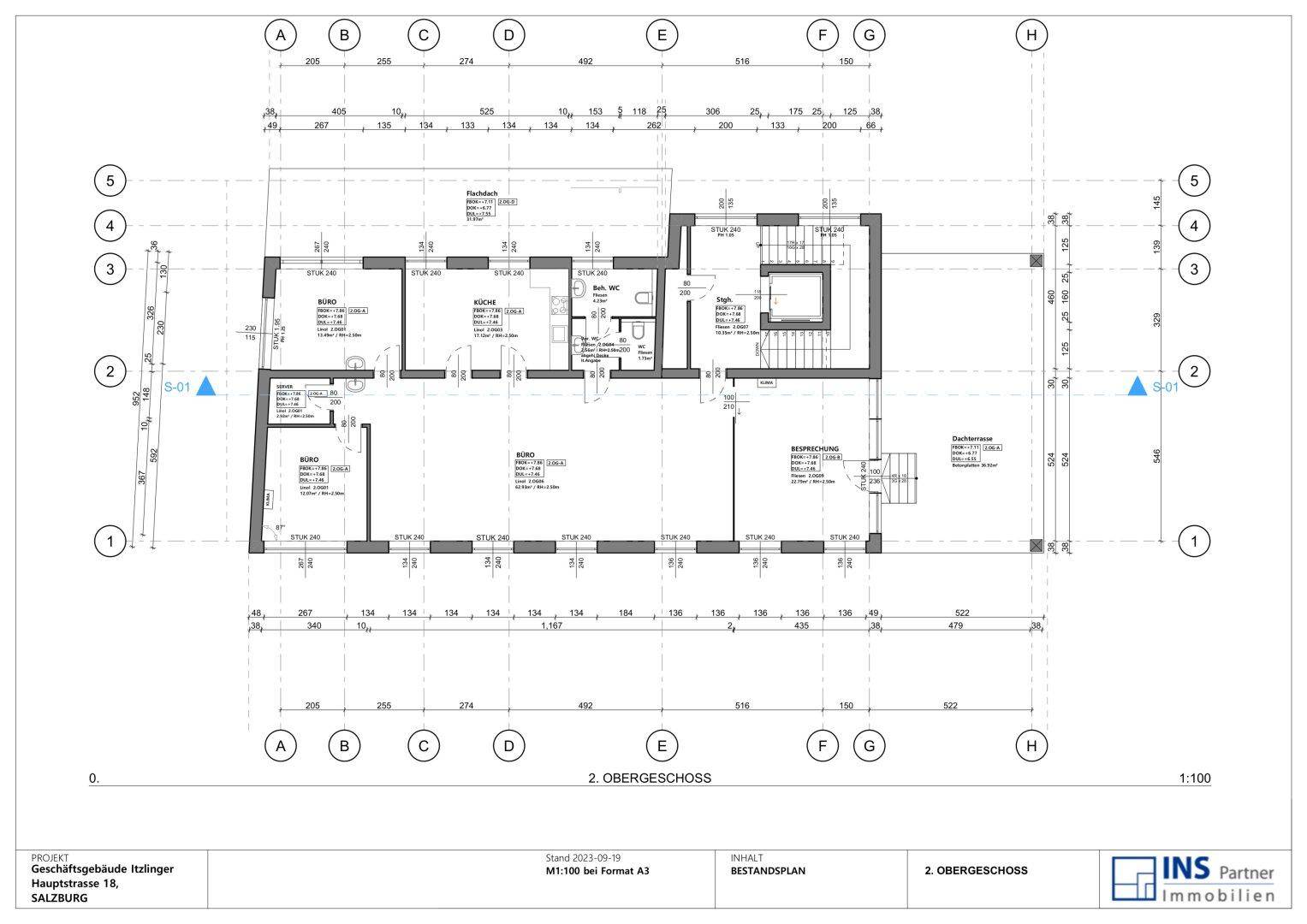 Detaillierter Grundriss des 2. Obergeschosses mit Büroräumen, Besprechungszimmer und Sanitäranlagen.