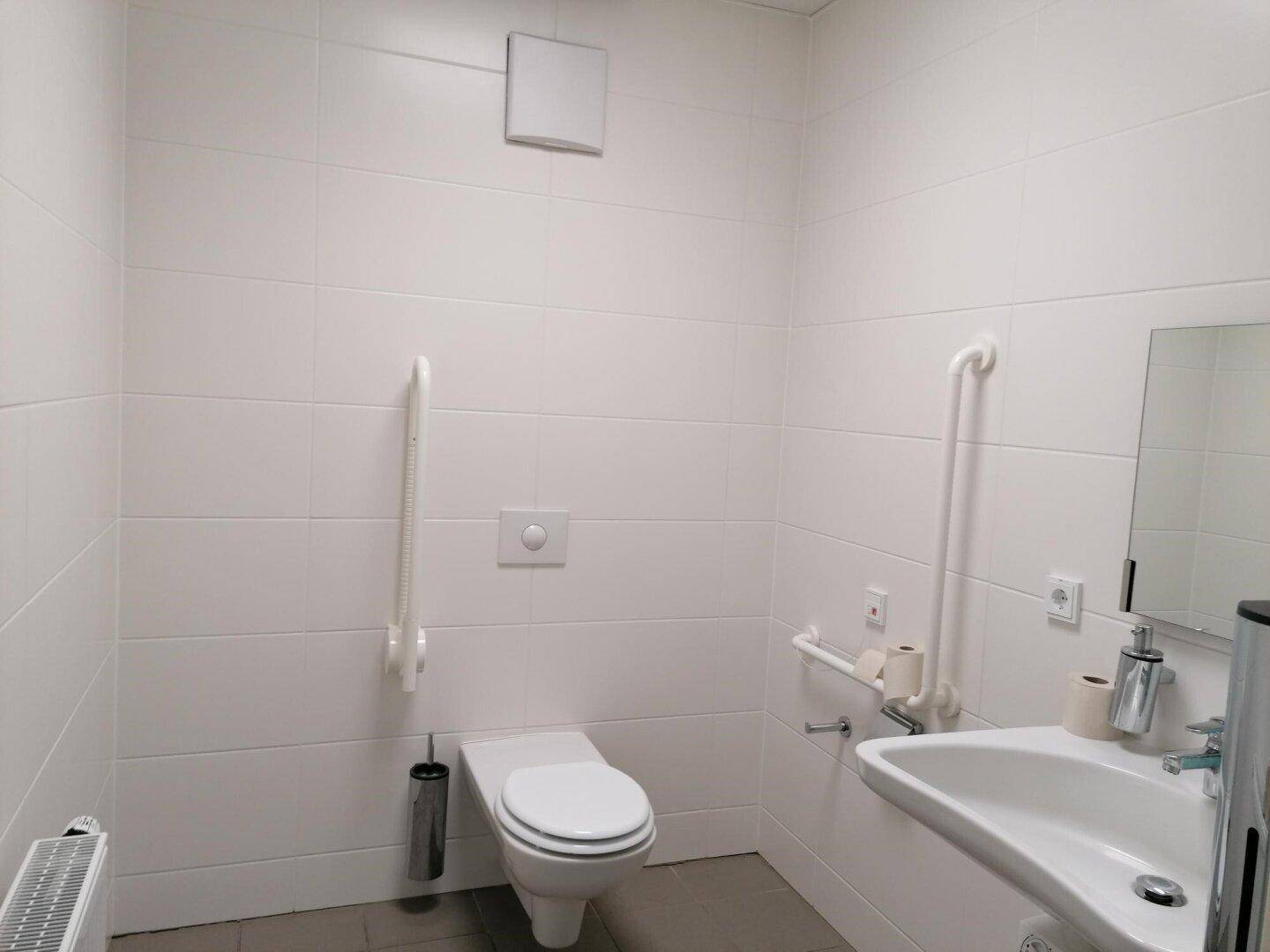 Barrierefreies WC mit Haltegriffen, Wand-WC und Waschbecken, ausgestattet mit weißen Fliesen.