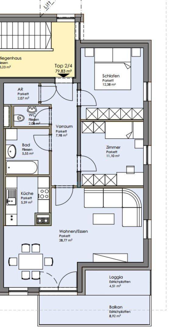 Detaillierter Grundriss einer Wohnung mit offenem Wohn-Essbereich, separatem Schlafzimmer, Bad, WC, Loggia und Balkon.