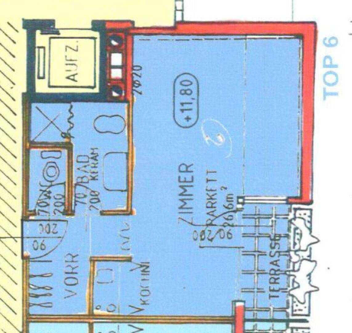 Grundriss zeigt ein Zimmer mit Parkett, Bad und Zugang zu einer Terrasse.