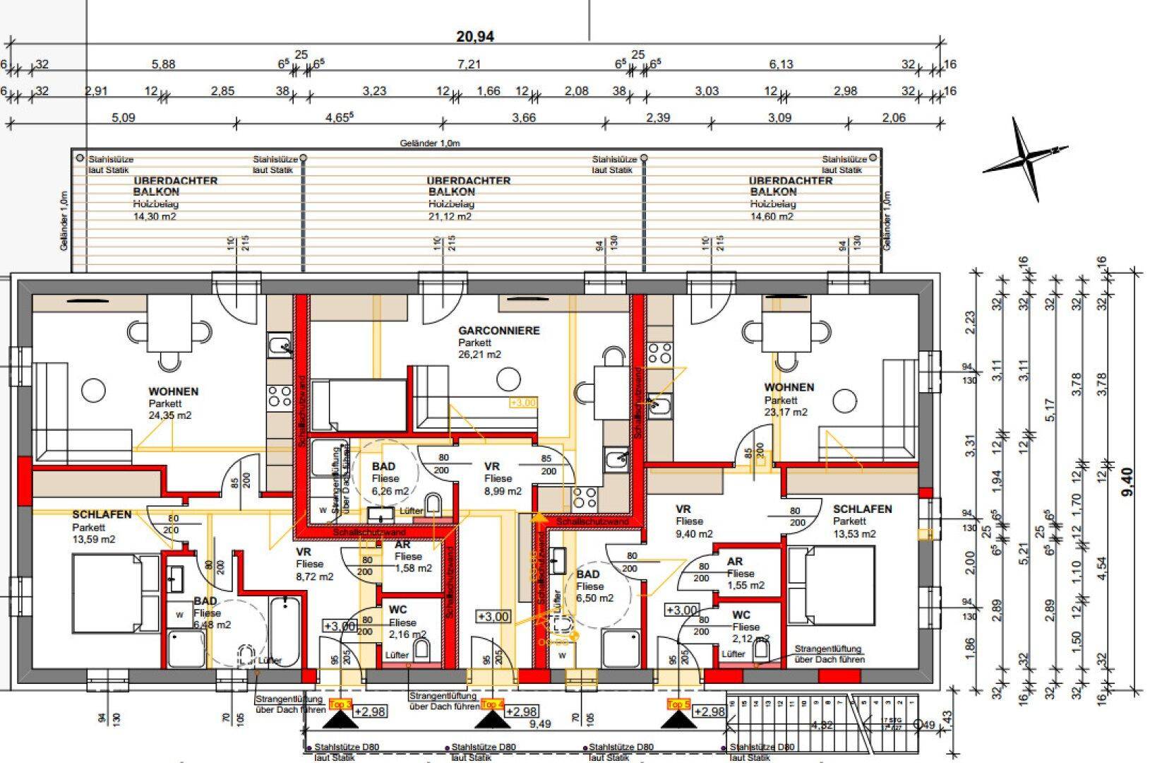 Grundriss des Obergeschosses mit mehreren Wohneinheiten, Balkonen und Bädern.