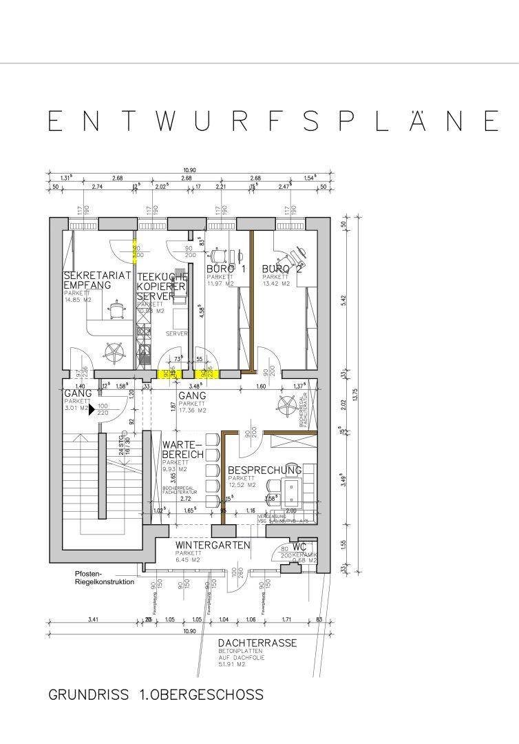 Grundriss des ersten Obergeschosses mit Büros, Teeküche, Empfangsbereich und Wintergarten.