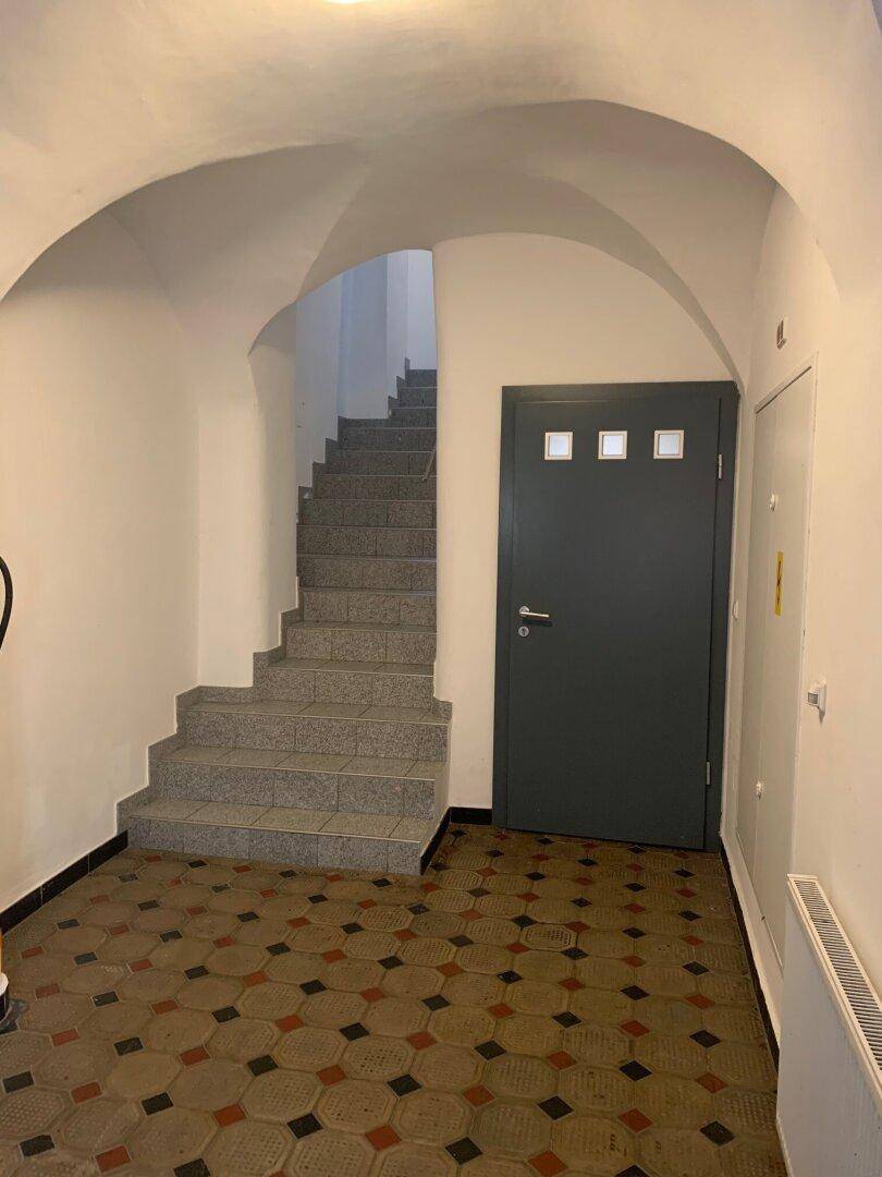 Eingangsbereich mit gewölbter Decke, gemustertem Fliesenboden und einer Steintreppe.