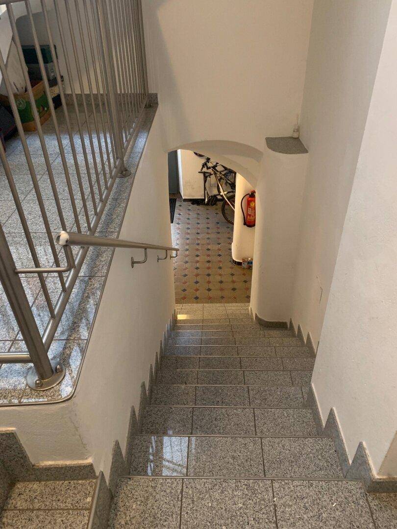 Blick auf eine Steintreppe mit Metallgeländer, die zu einem Flur mit gemustertem Fliesenboden führt.