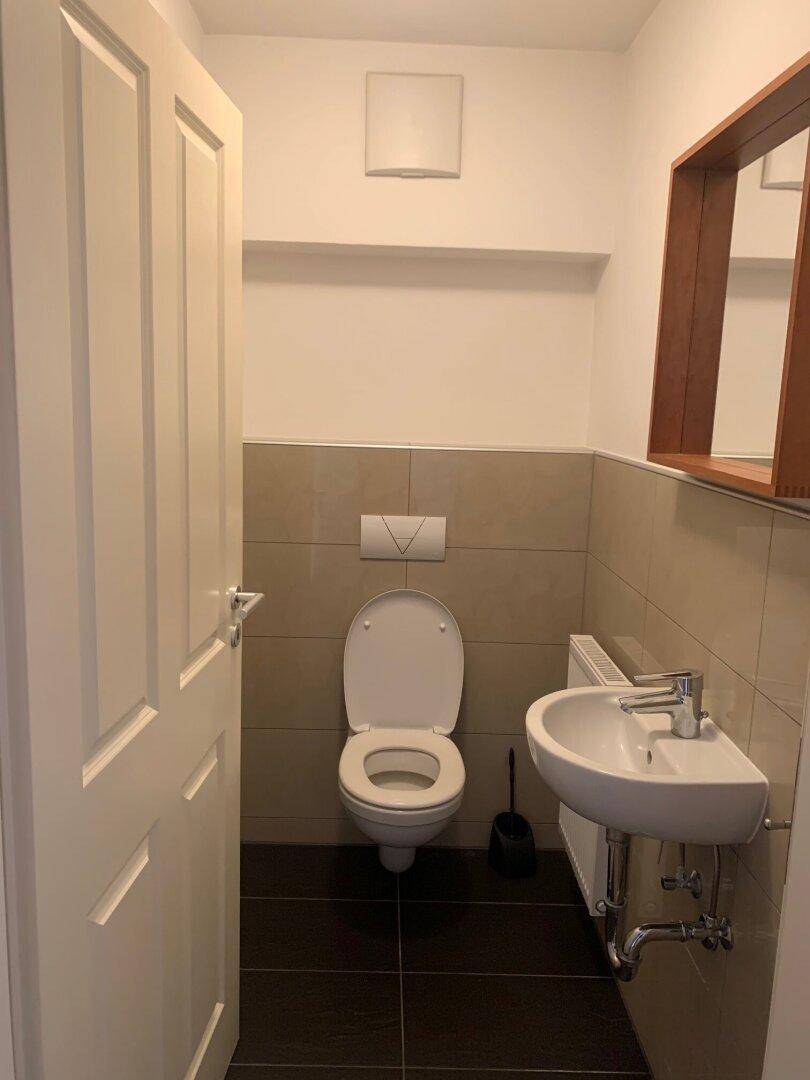 Separates WC mit wandhängender Toilette, kleinem Waschbecken und Spiegelschrank.