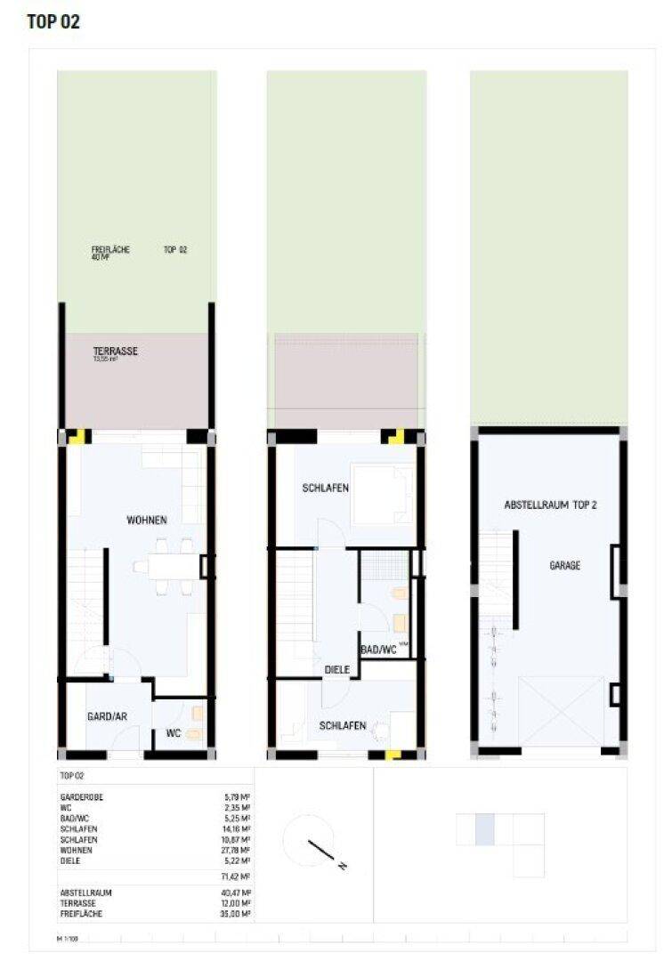 Grundrissplan eines mehrstöckigen Hauses mit Wohnbereich, Schlafzimmern, Bad, separatem WC, Terrasse und Garage.