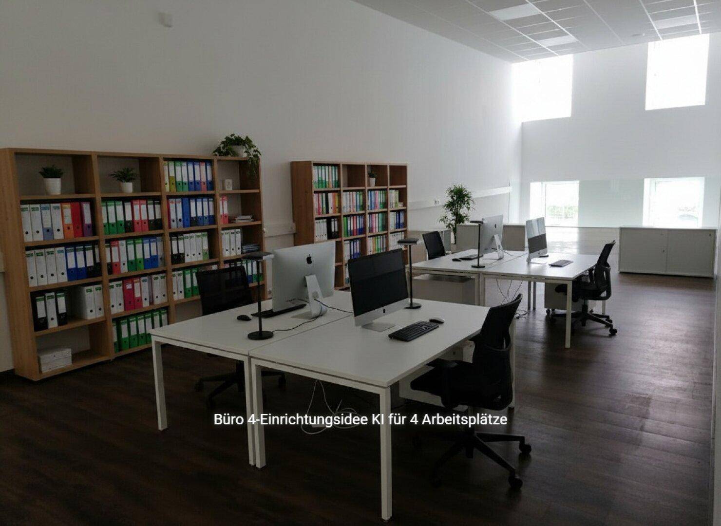 Helles und geräumiges Büro mit mehreren Arbeitsplätzen, großen Fenstern und viel Stauraum in Regalen.