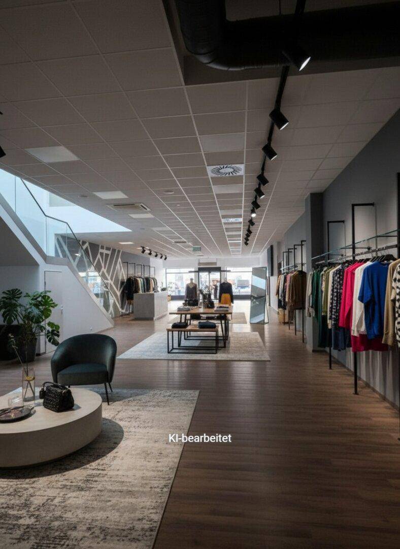 Moderner Einzelhandelsraum mit Holzboden, Kleiderständern und einer eleganten Treppe zu einer oberen Etage.