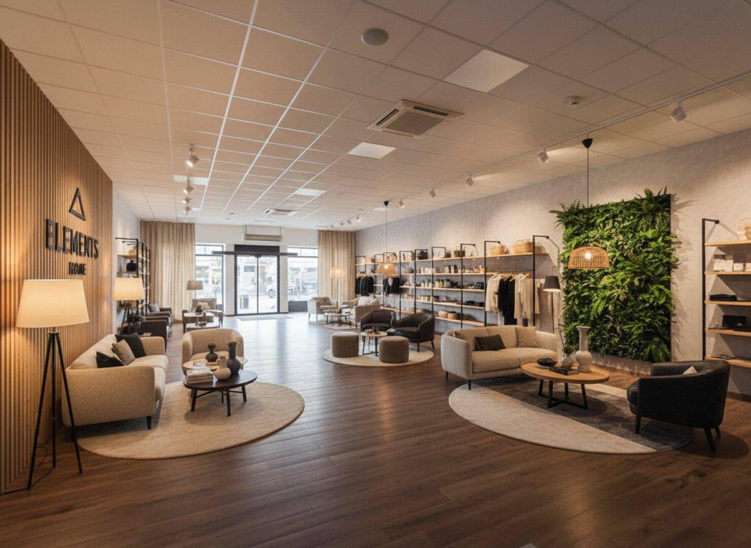 Heller und geräumiger Einzelhandelsbereich mit Holzboden, bequemen Sitzgelegenheiten und einer dekorativen grünen Wand.