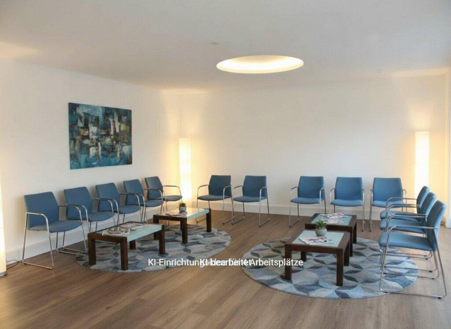 Heller Wartebereich mit Holzboden, blauen Stühlen, Couchtischen und moderner Beleuchtung sowie abstrakter Kunst.
