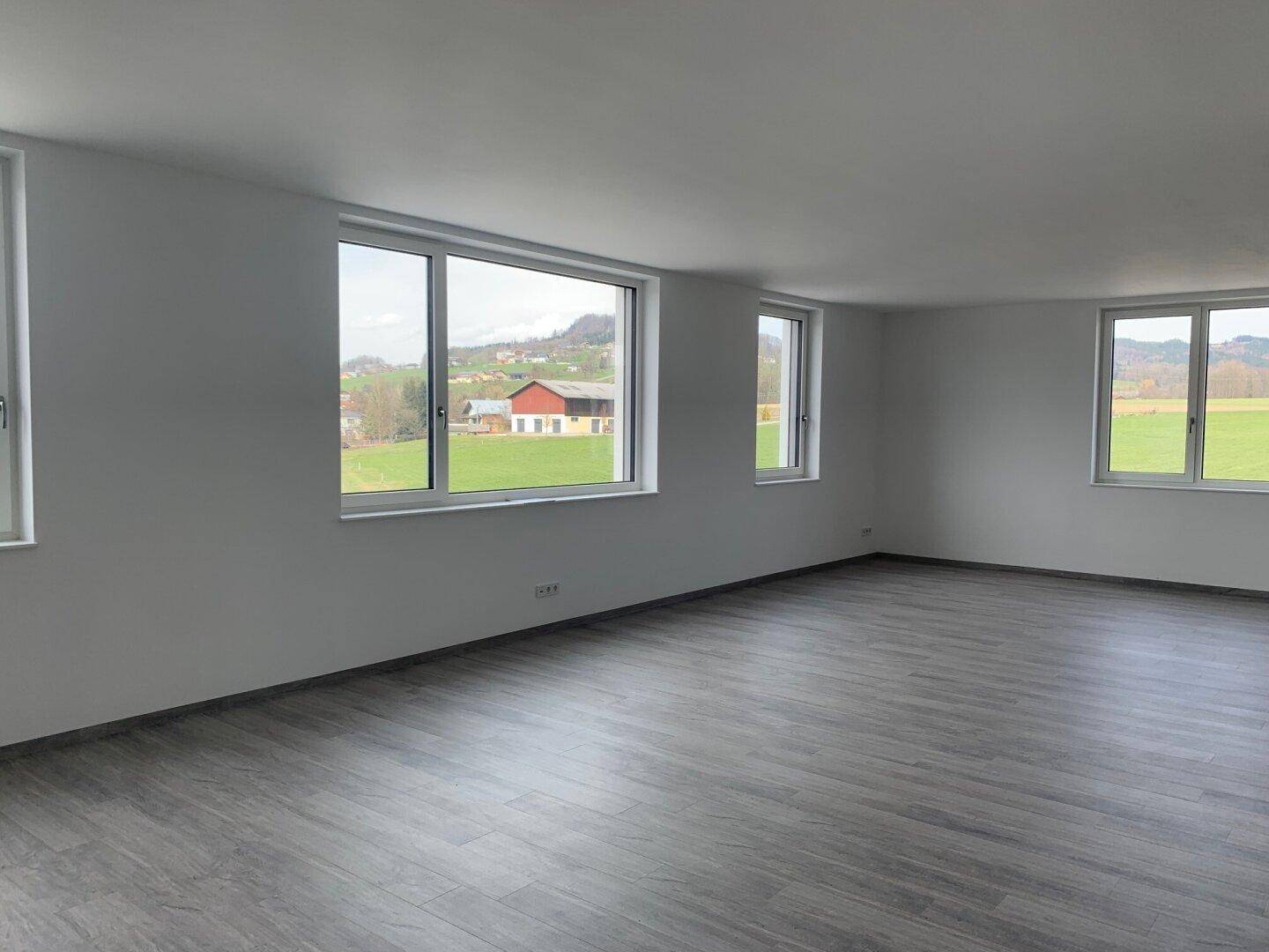 Heller Wohnraum mit großen Fenstern, grauem Laminatboden und weitem Blick auf die Landschaft.