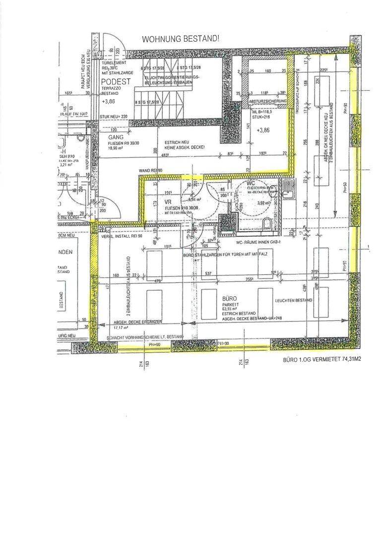 Grundrissplan eines Büros im ersten Obergeschoss mit eingezeichneten Maßen und Raumaufteilung.