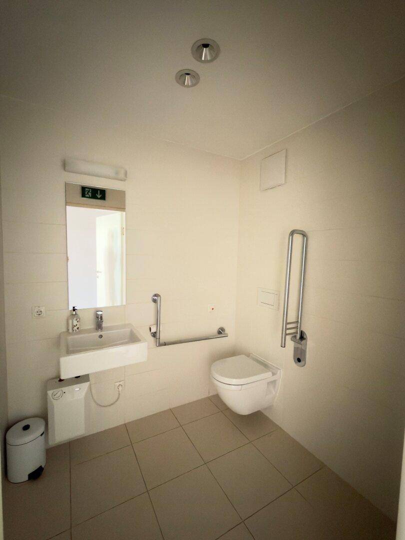 Modernes Badezimmer mit WC, Waschbecken und Haltegriffen, ausgestattet mit hellen Fliesen und einem Spiegel.