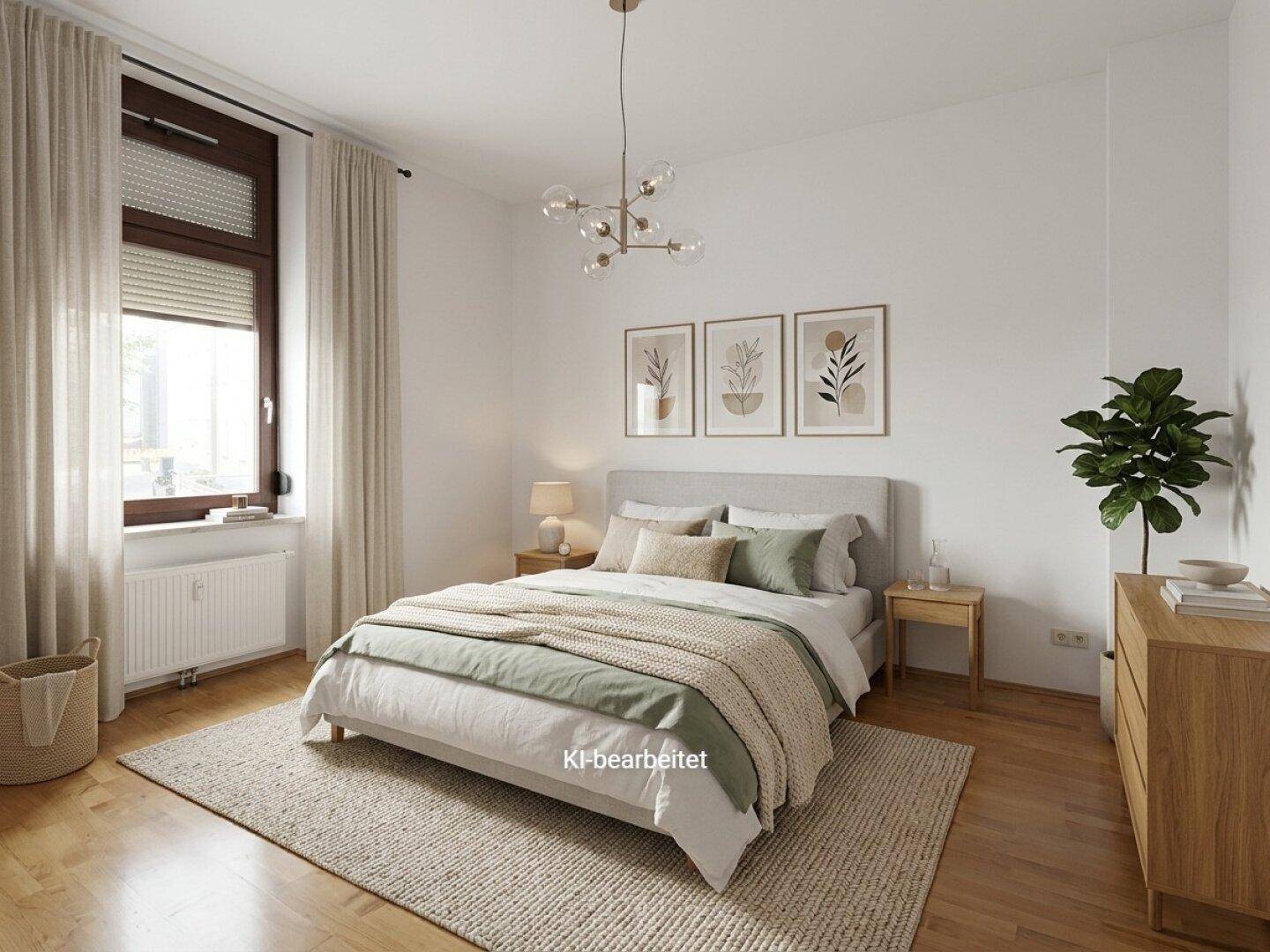 Helles Schlafzimmer mit Holzboden, großem Fenster und moderner, einladender Einrichtung.