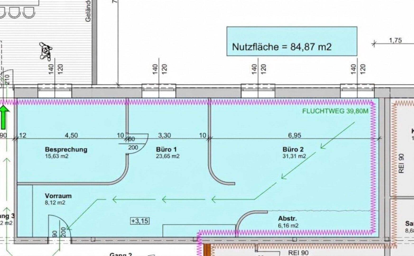 Grundriss mit einer Nutzfläche von 84,87 m² und eingezeichneten Büroräumen und Fluchtweg.