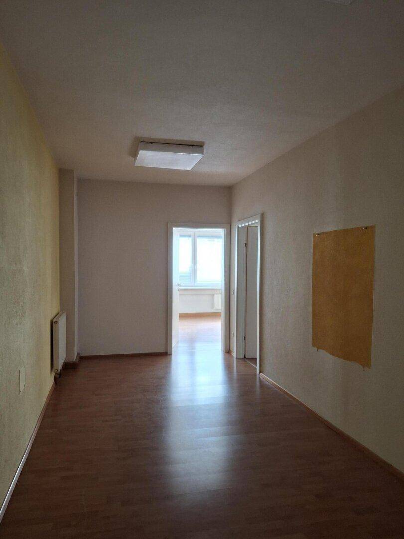 Heller Flur mit Laminatboden und einem Durchgang zu einem weiteren Raum mit Fenstern.