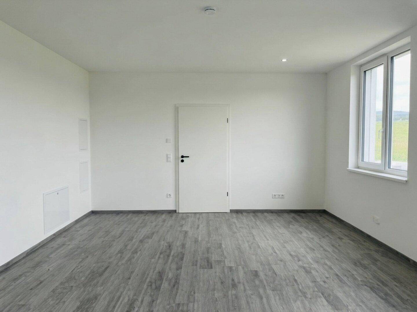 Heller Raum mit Laminatboden und großen Fenstern, die viel Tageslicht hereinlassen.