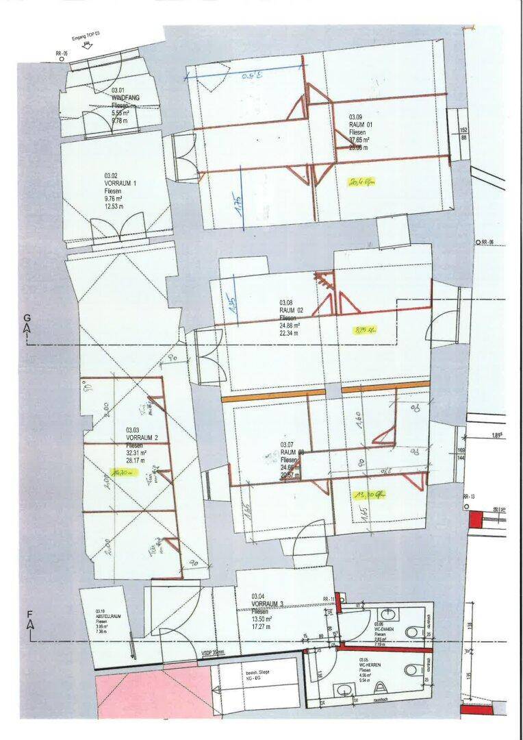 Detaillierter Grundriss mit mehreren Räumen und eingezeichneten Flächenangaben.