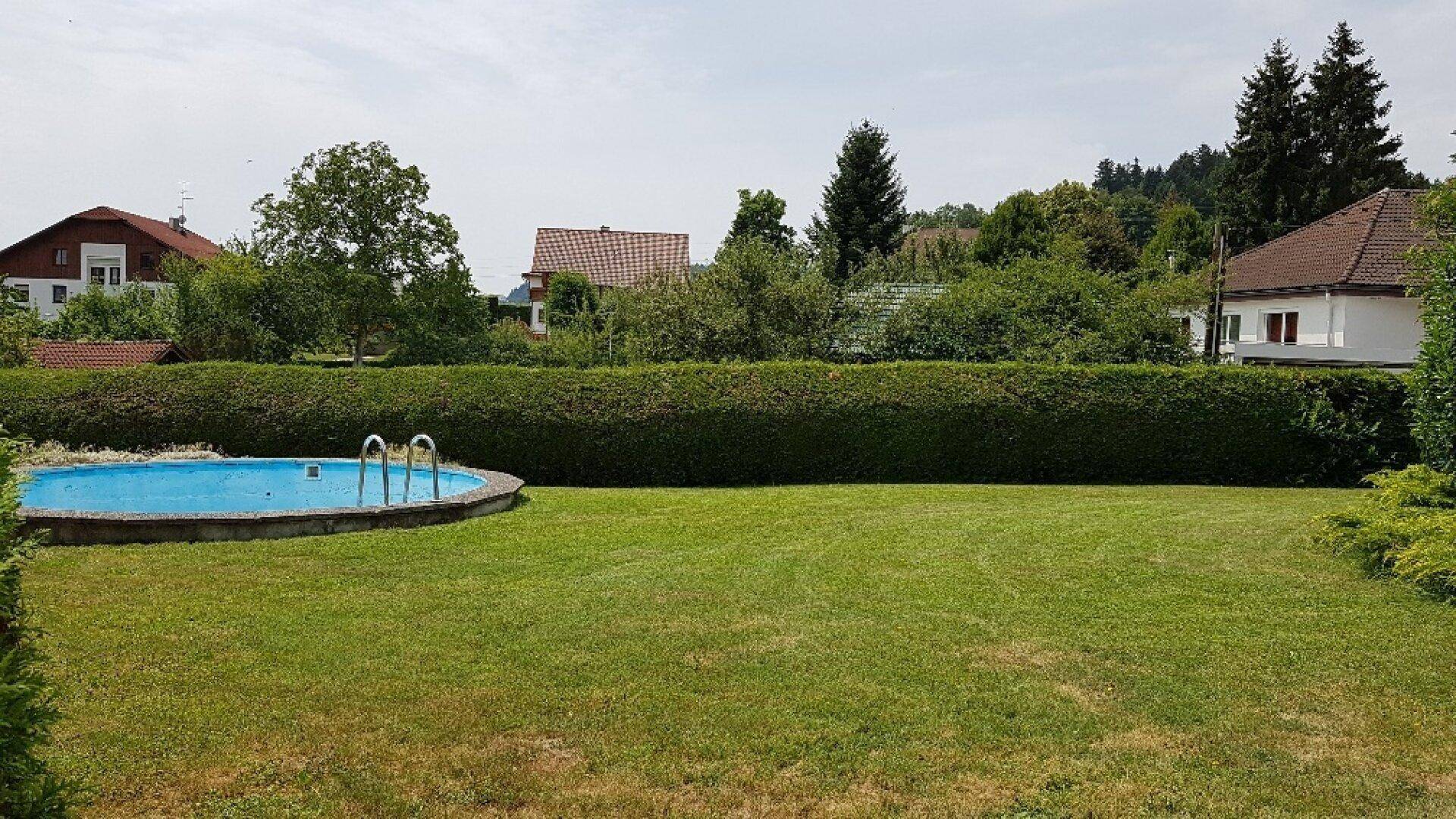 Großer grüner Garten mit einem runden Pool und hoher Hecke im Hintergrund.