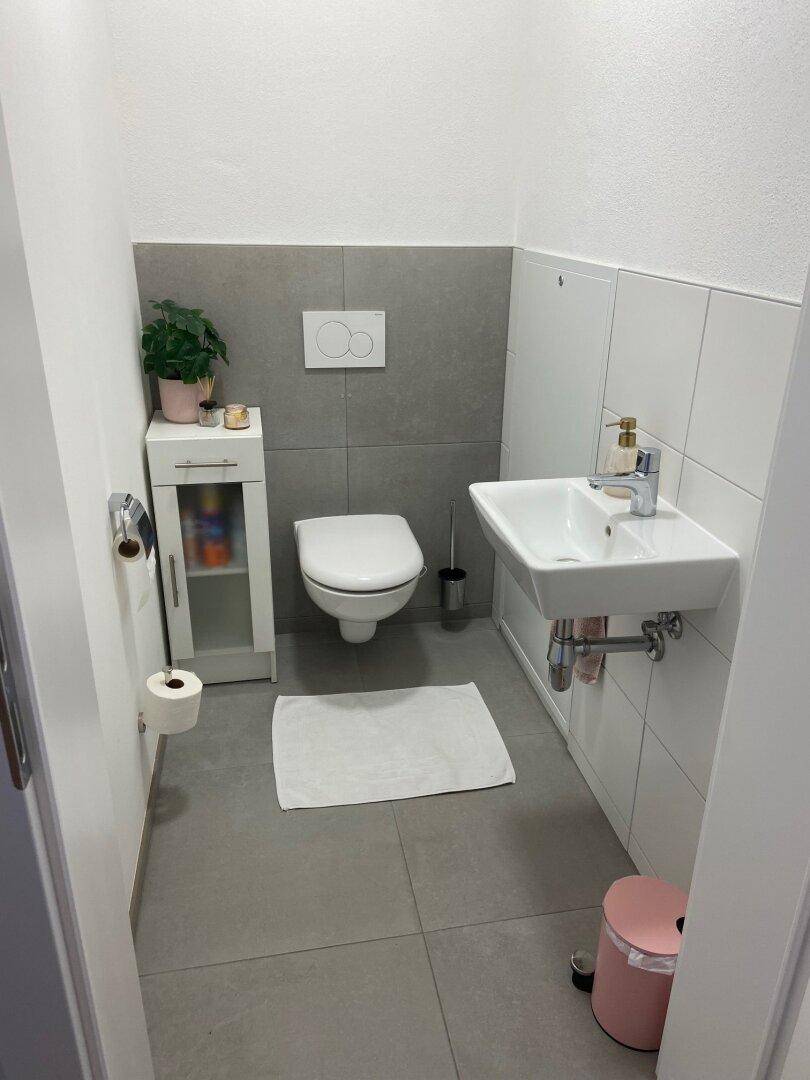 Separates Gäste-WC mit Wand-WC, Waschbecken und modernen Fliesen.