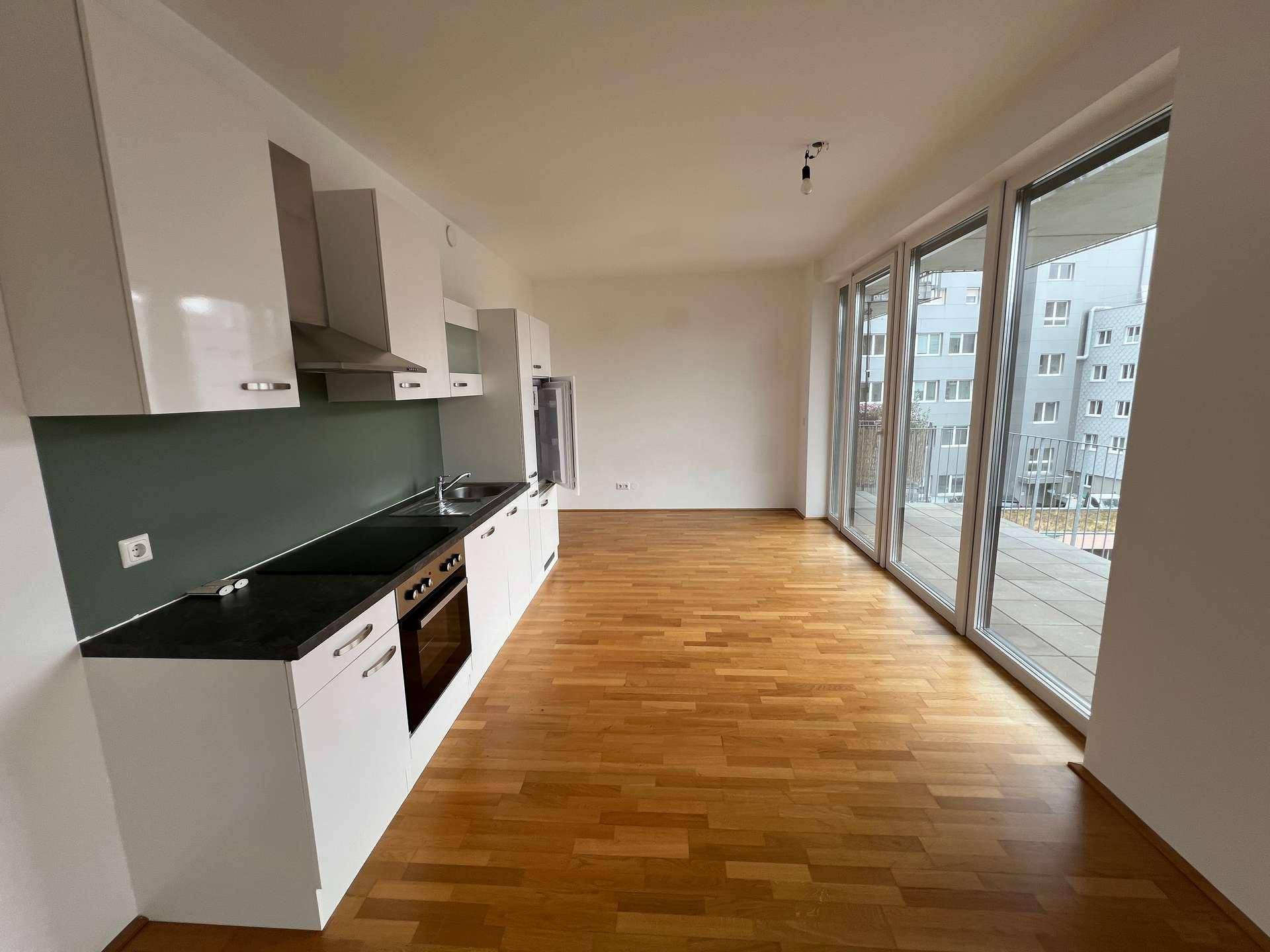 Moderne Einbauküche mit weißen Schränken, dunkler Arbeitsplatte und integriertem Backofen in einem offenen Wohnbereich.