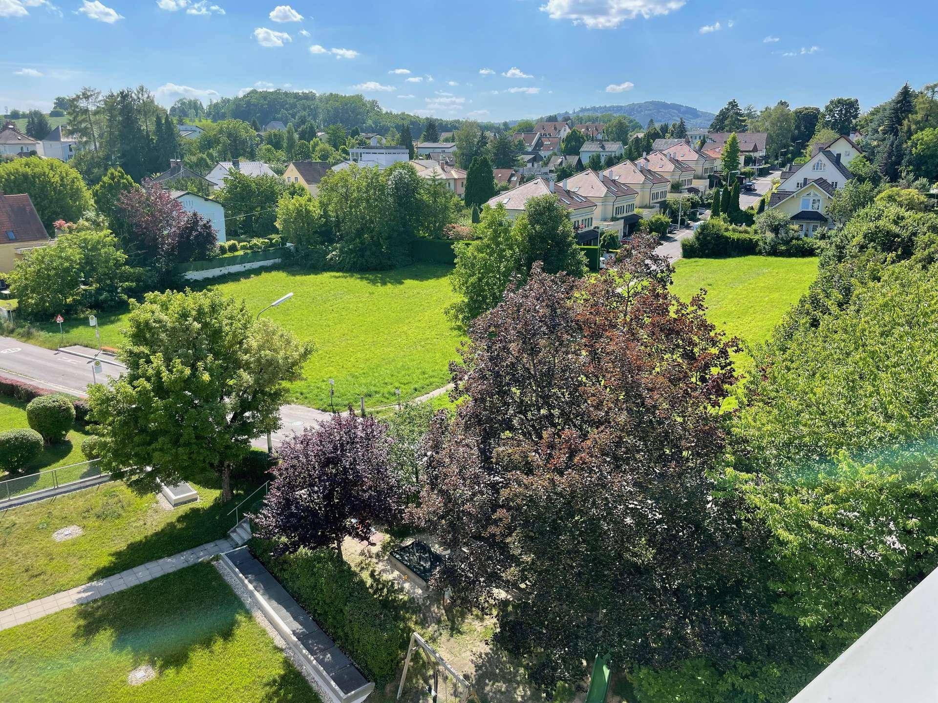 Weitläufiger Blick über eine grüne Wohngegend mit vielen Bäumen und Häusern.