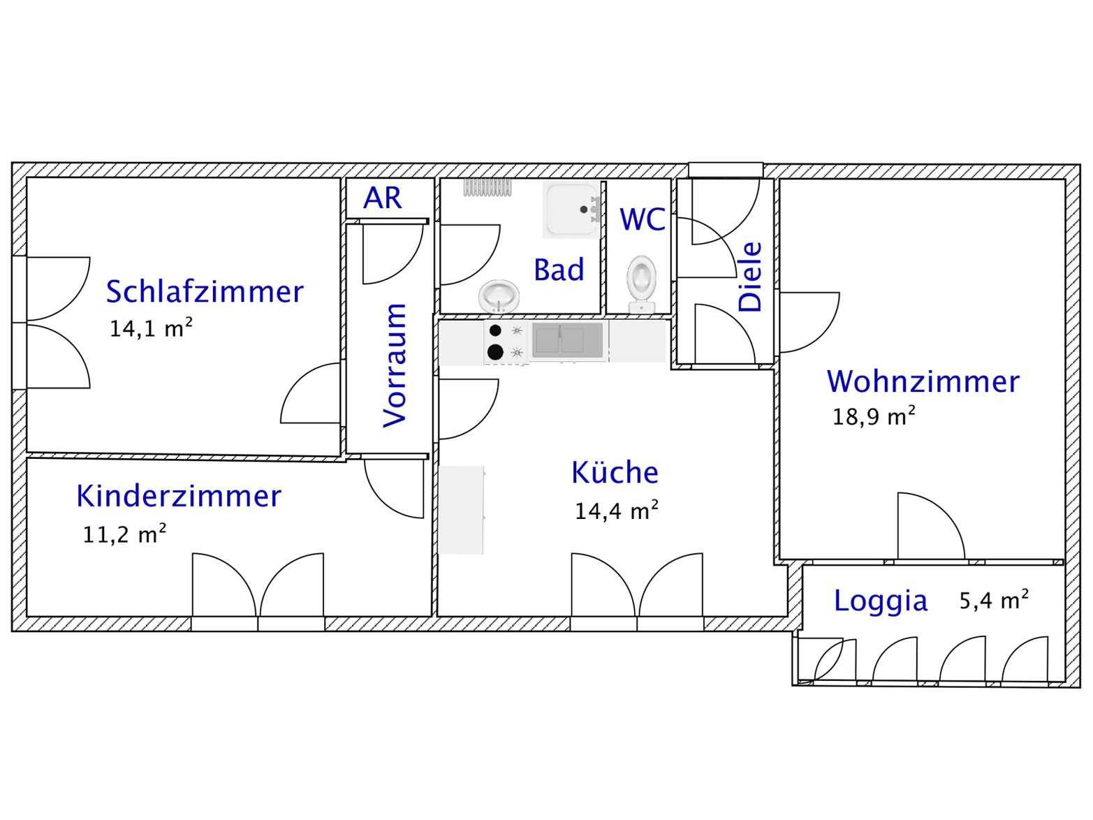 Grundriss einer Wohnung mit Wohnzimmer, Küche, Schlafzimmer und Kinderzimmer.