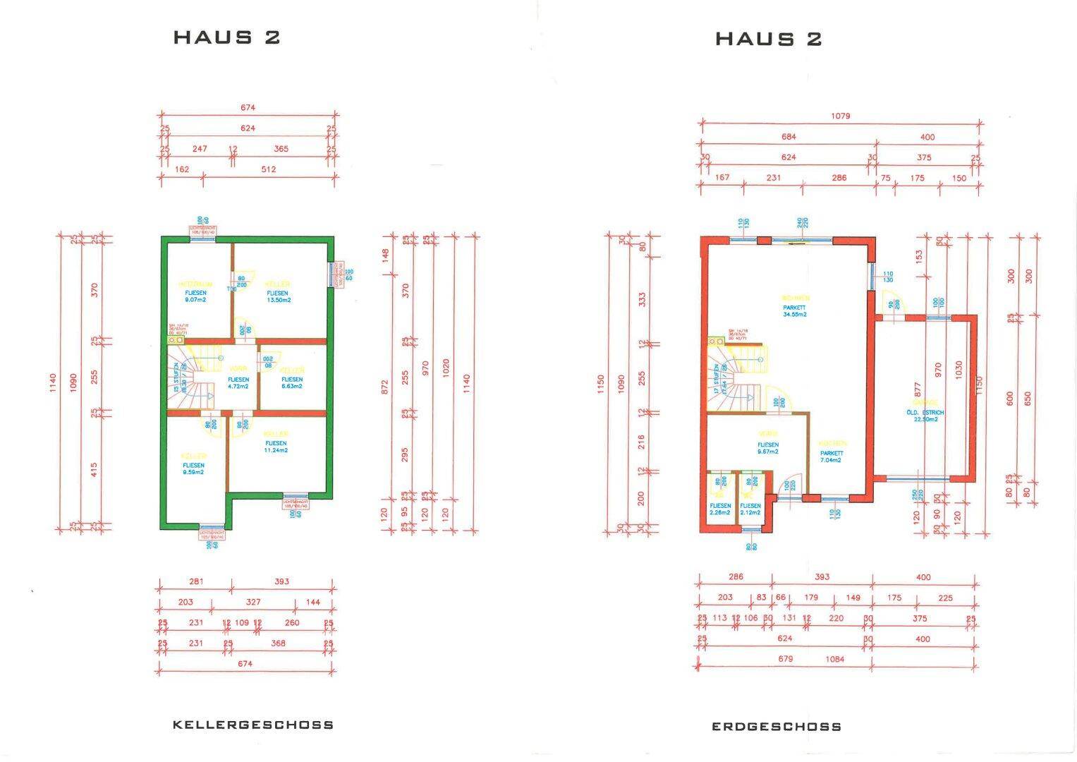Grundrisspläne für Keller- und Erdgeschoss von Haus 2 mit Treppen und verschiedenen Räumen.