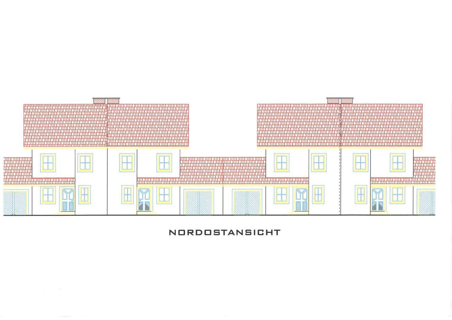 Nordostansicht der Gebäude mit Fenstern, Türen und roten Ziegeldächern in einer Reihe.