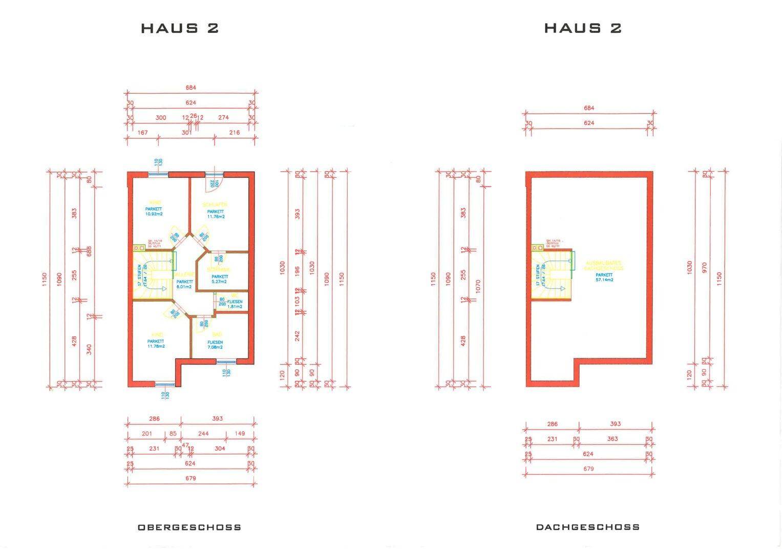 Grundrisspläne für Ober- und Dachgeschoss von Haus 2 mit Schlafzimmern und Bädern.