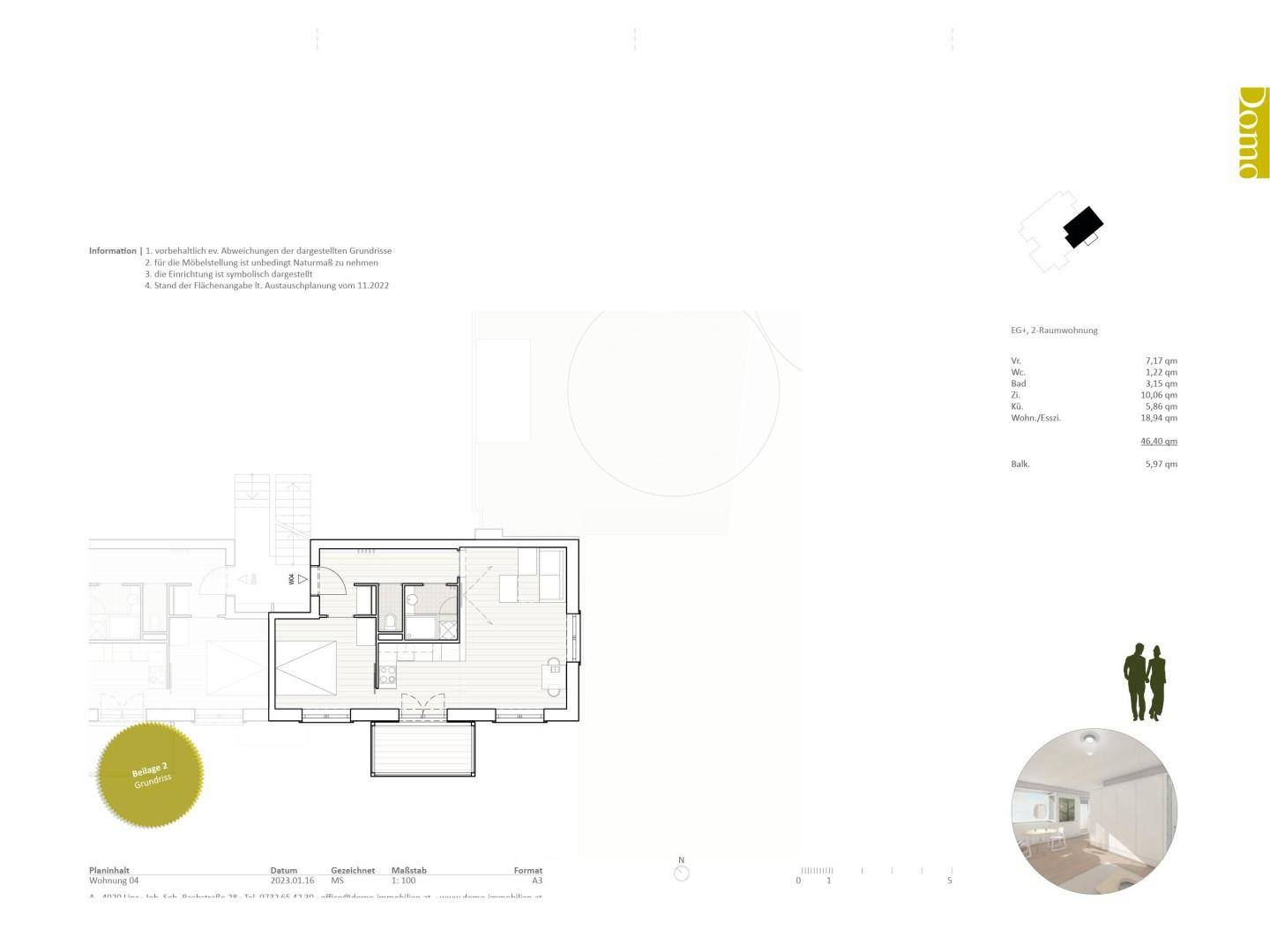 Grundriss einer Wohnung mit zwei Zimmern und Balkon.