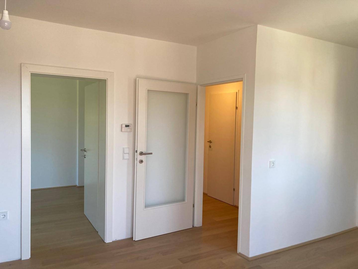 Heller Flur mit mehreren Türen und hellem Holzfußboden in einer modernen Wohnung.