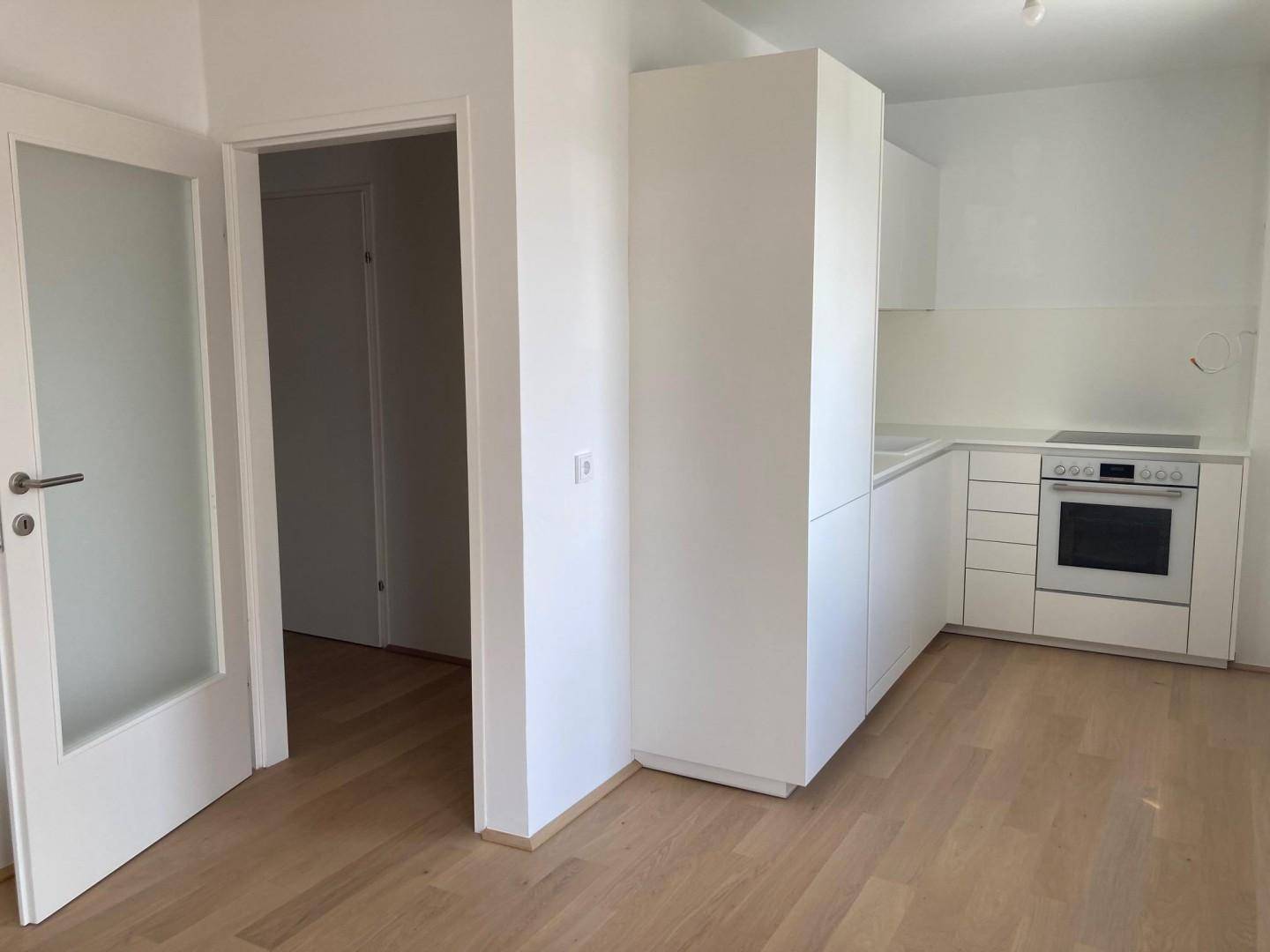 Moderne, neu eingebaute Küche mit weißen Schränken und integrierten Geräten.