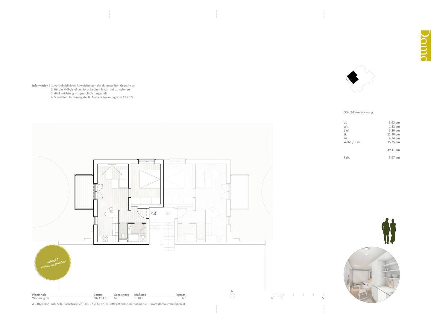 Grundriss einer Wohnung mit Balkon und detaillierten Raummaßen.