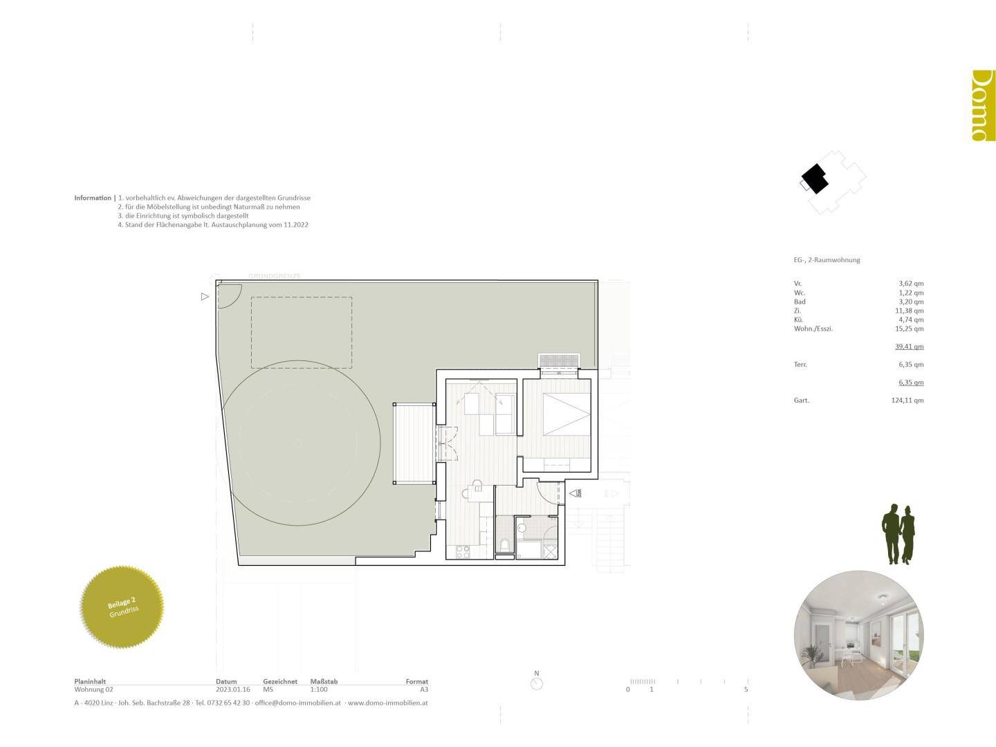 Grundriss einer Wohnung mit offenem Wohnbereich, Schlafzimmer, Bad und Zugang zu Garten und Terrasse.