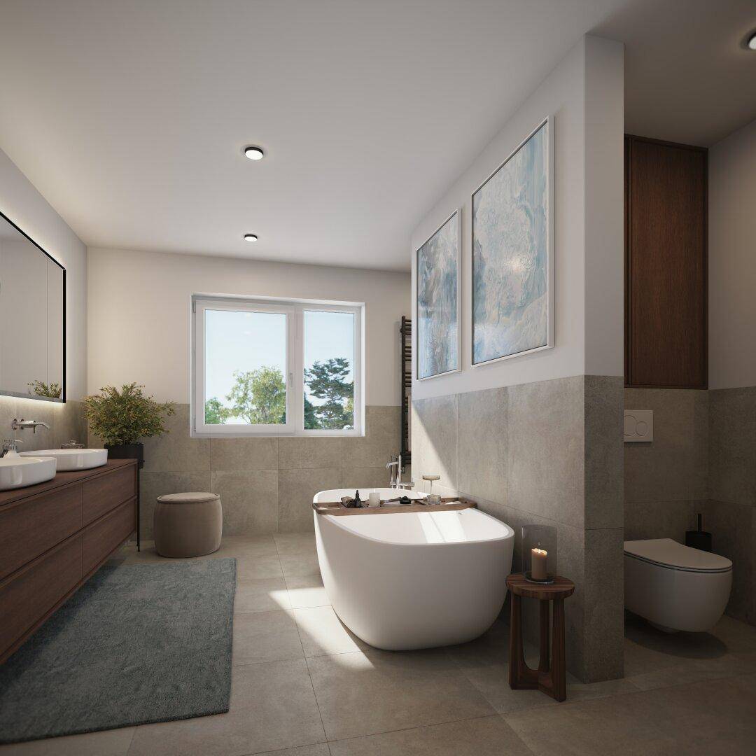 Modernes Badezimmer mit freistehender Badewanne, Doppelwaschbecken und großformatigen Fliesen.