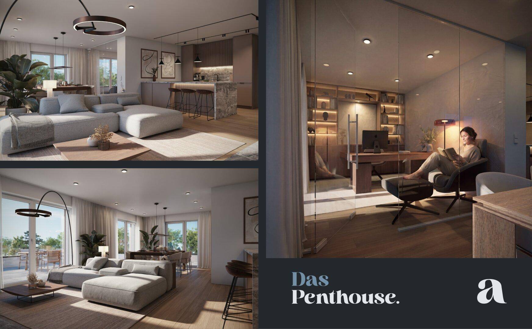 Collage von Innenansichten des Penthouses mit offenem Wohnbereich und Home-Office.