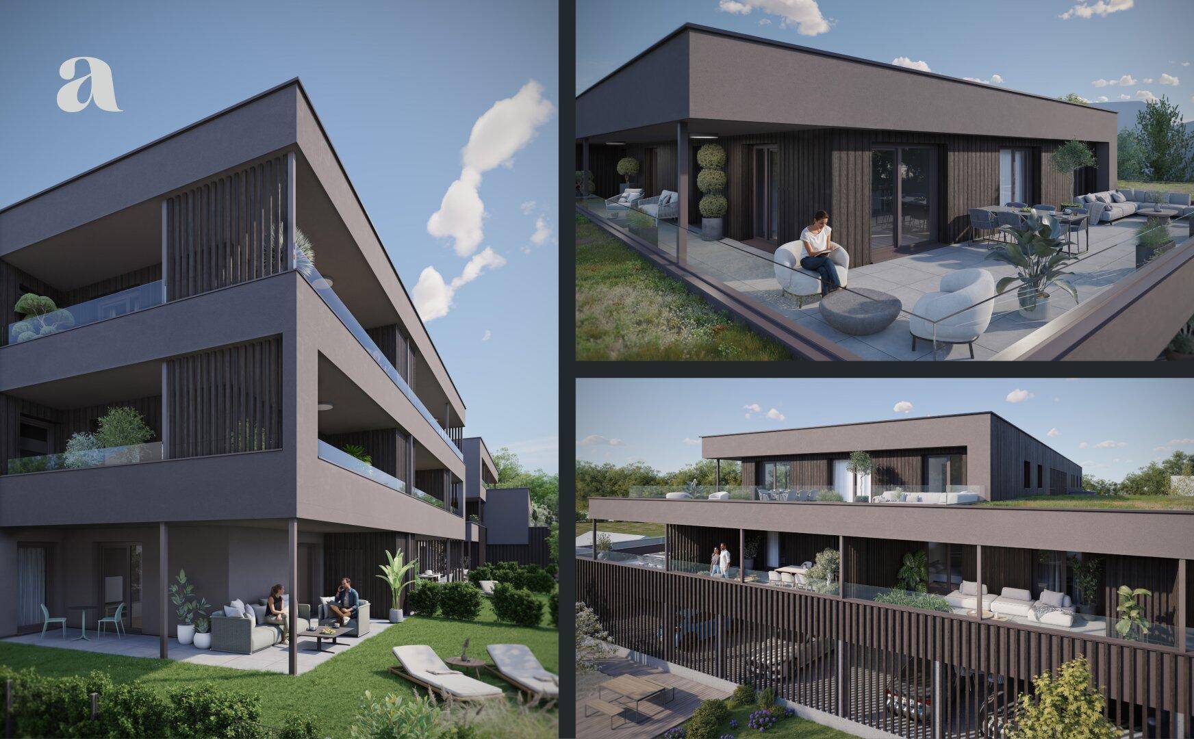 Collage von Außenansichten der modernen Wohnanlage mit Terrassen und Gartenbereichen.