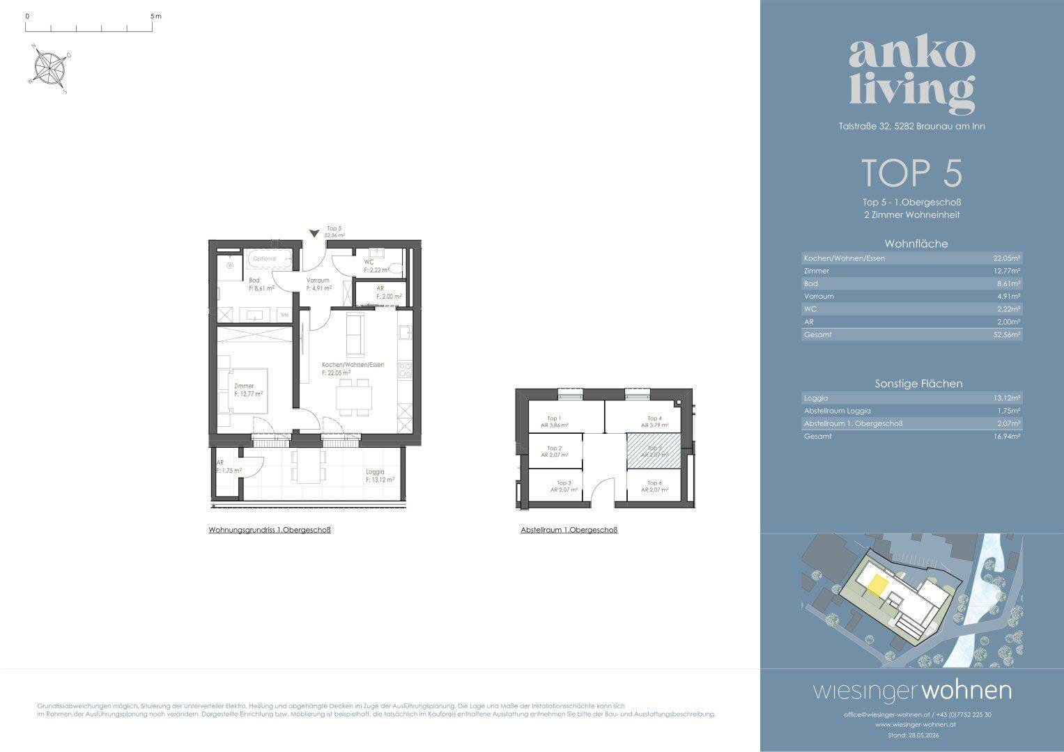 Grundriss der Wohnung TOP 5 mit zwei Zimmern und separatem Abstellraum im Obergeschoss.